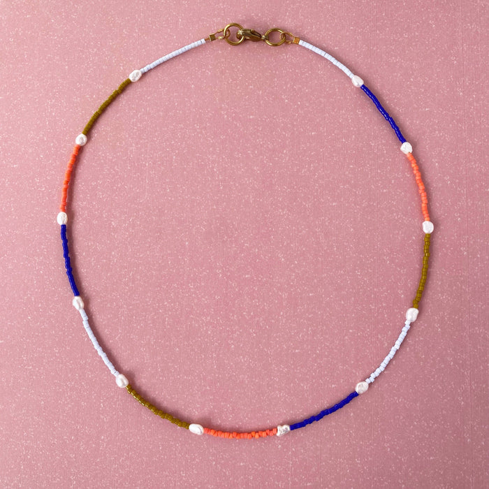 Node Choker - Blue, Orange and Olive Pearls and Freshwater Beads