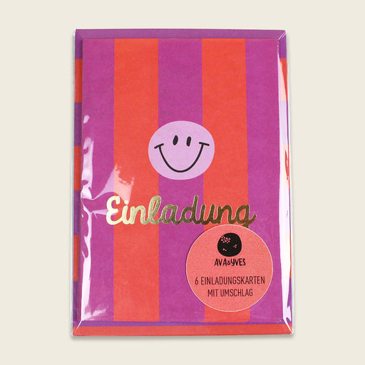 Ava & Yves Einladungsset Smiley Stripes Violett-Koralle-Flieder