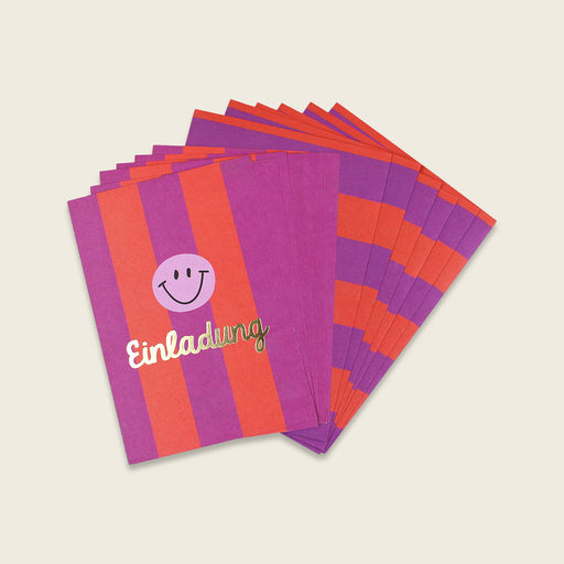 Ava & Yves Einladungsset Smiley Stripes Violett-Koralle-Flieder