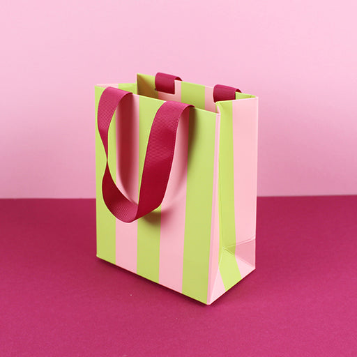 Ava & Yves Geschenktüte Stripes S Rosa-Grasgrun-Dunkelpink