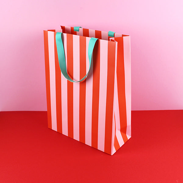 Ava & Yves Geschenktüte Stripes L Rosa-Rot-Mint