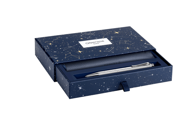 Set ECRIDOR™ COSMIC BLUE Platinierter Kugelschreiber und Lederetui – Sonderedition